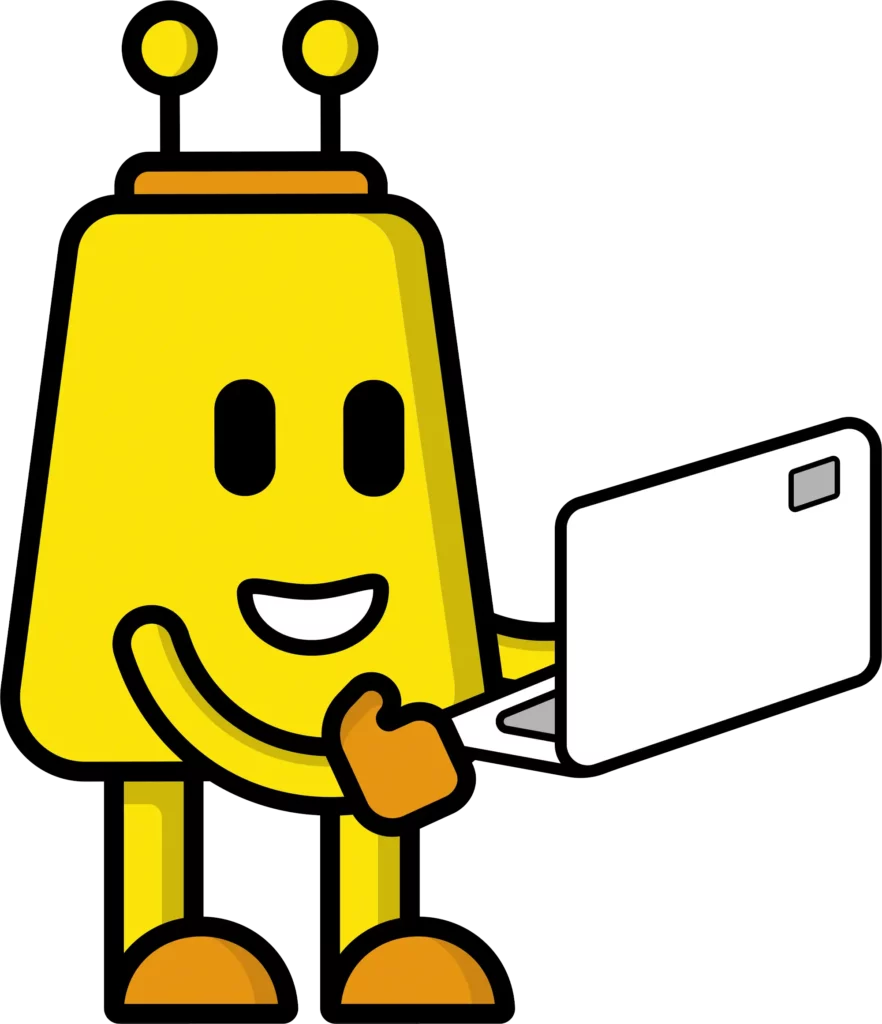 Жёлтый робот с ноутбуком — символ Лиги Роботов в Санкт-Петербурге