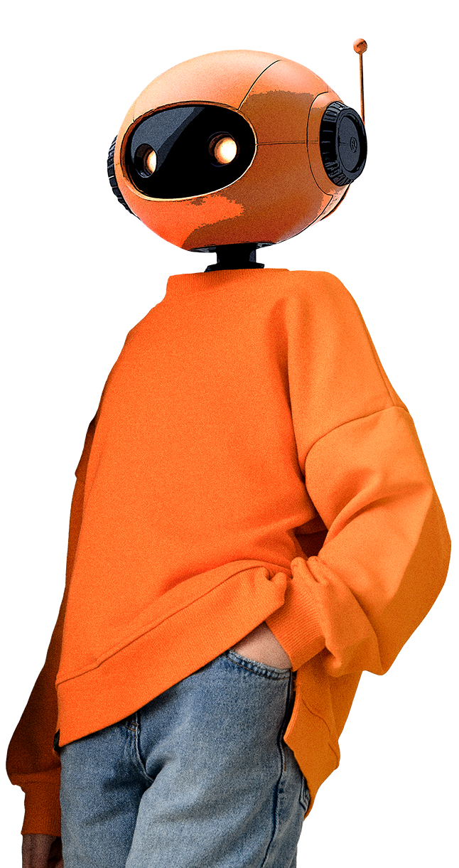 Оранжевый робот-маскот Лиги Роботов в джинсах и худи — символ школы робототехники Санкт-Петербург